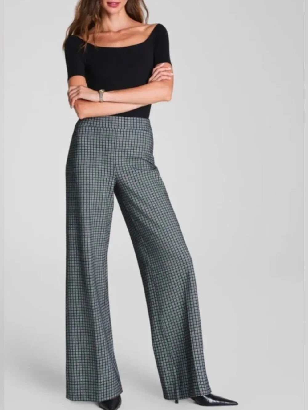 Spanx PerfectFit Ponte Wide Leg Jacquard Pants Women’s XL Black Plaid Stretch